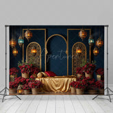 Aperturee Aperturee Luxury Arabian Nights Photography Backdrop Moroccan Arch and Lanterns with Red Roses Elegant Wedding Photo Prop